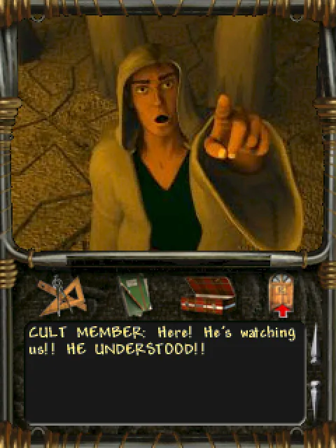 A cult member points at Louis