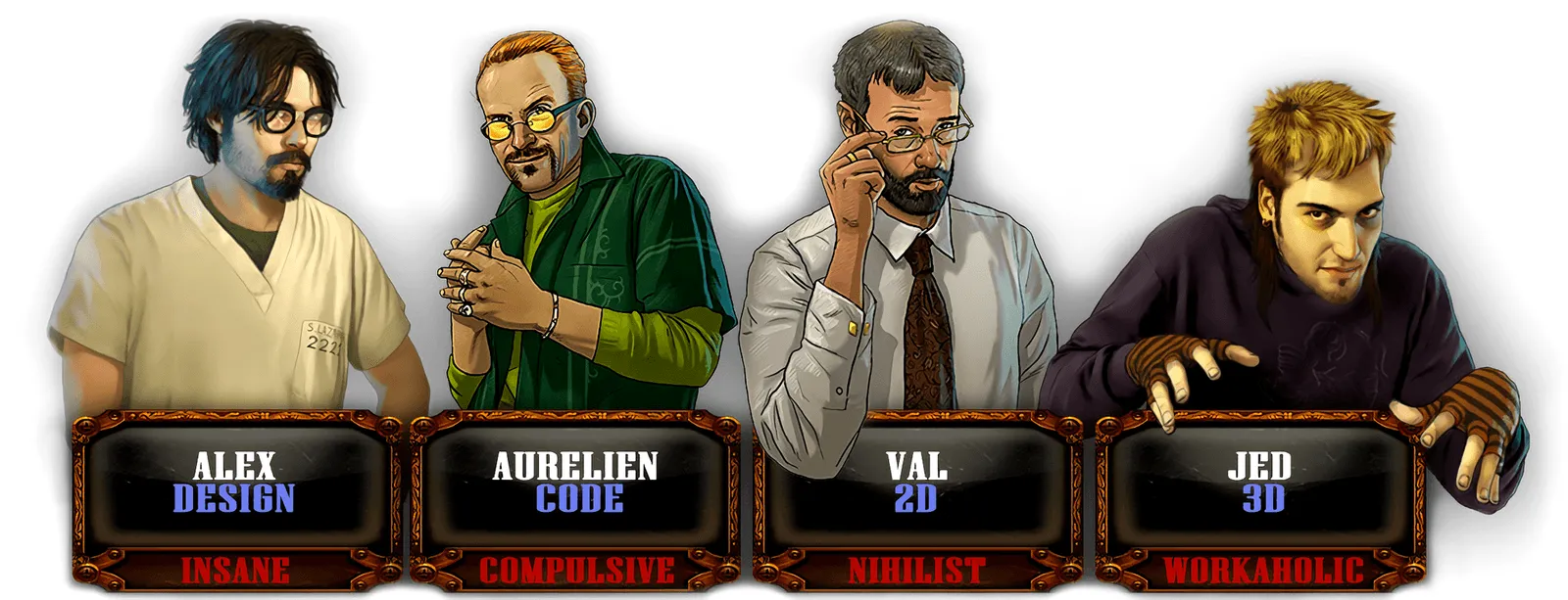 The Agharta Studio team as drawn by the studio: Alex, Aurélien, Val and Jed