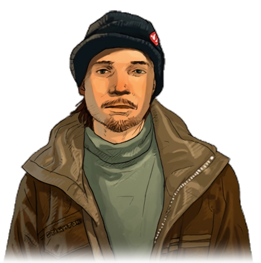Louis Everett, the antiques dealer protagonist of 1112, standing with arms crossed.