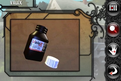 Close-up inspection of a bottle labelled Valex, a household item examined during an episode.