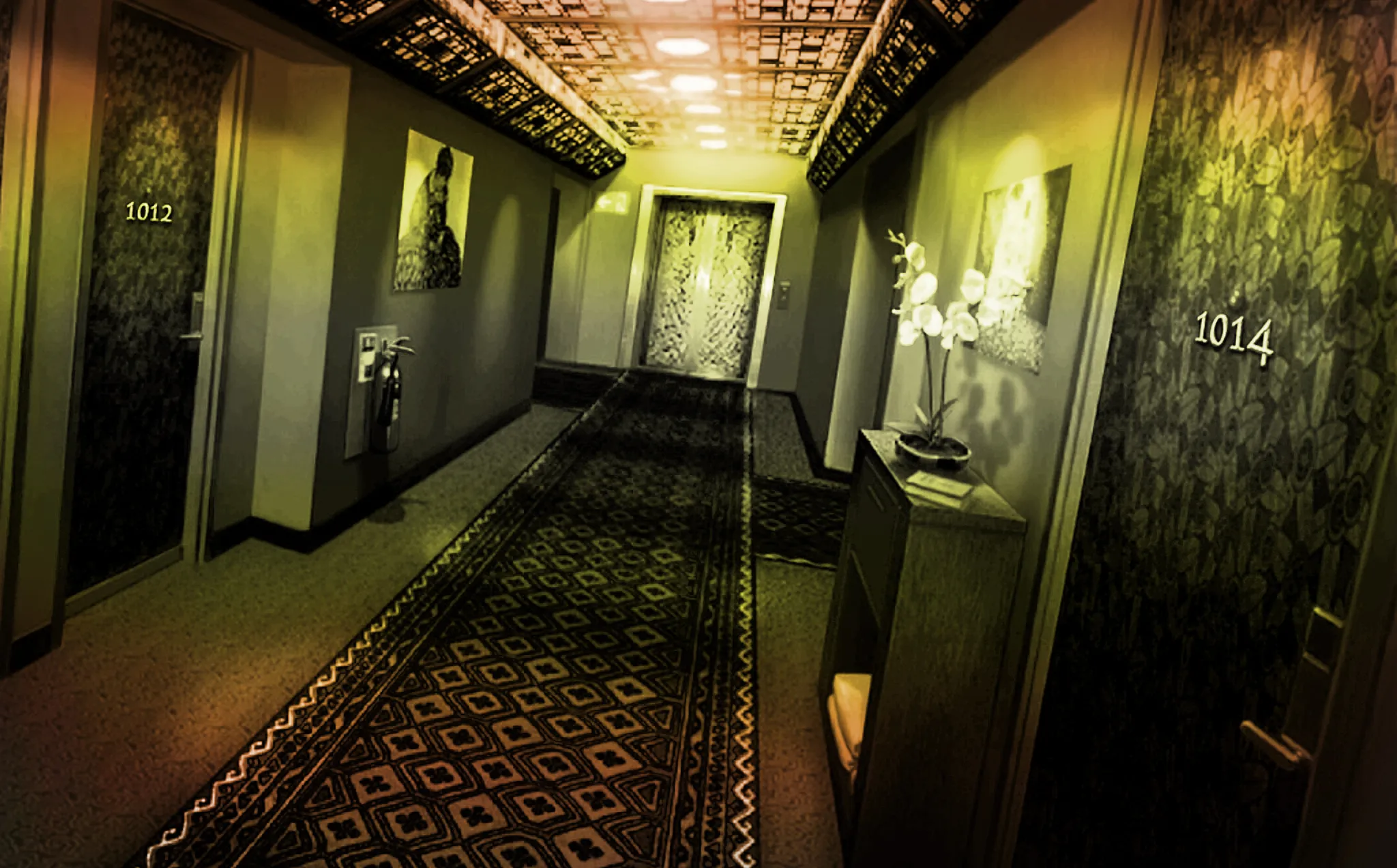 A moody, wide-angle view of a hotel corridor from the 1112 series, with patterned carpet leading to an ornate elevator door — the Hotel Bellevue setting from Episode 02.